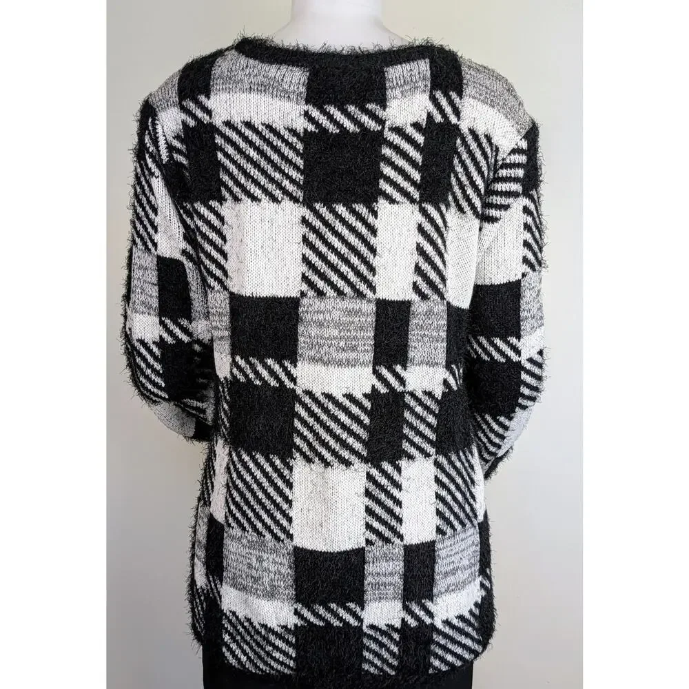 Ashley Stewart Cardigan Sweater 3X Black White Buffalo Check Fuzzy Knit Preppy